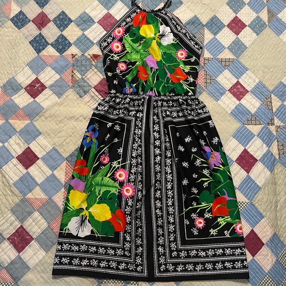 American Vintage Dresses & Skirts - 70s Monstera Plants Floral Halter Top Midi Dress Summer Sun Novelty Print Medium